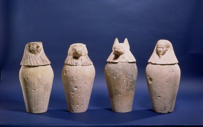 Satz von vier Kanopenkrügen des Djedbastetefankh, aus seinem Grab in Hawara, Spätzeit, ca. 380-342 v. Chr. von Egyptian 30th Dynasty